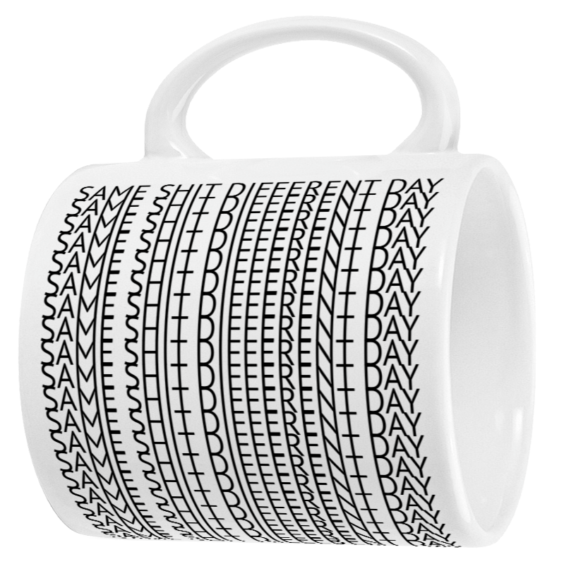 White mug with black geometric pattern on a white background