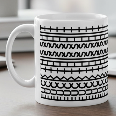White mug with black geometric pattern on a white background