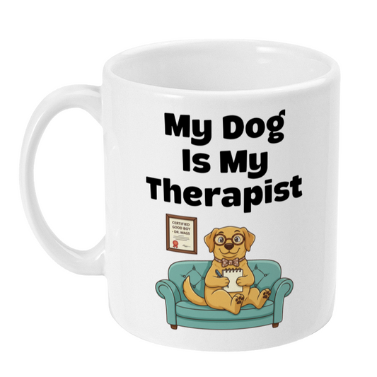 White mug with a dog sitting on a couch and text 'My Dog Is My Therapist' on a white background