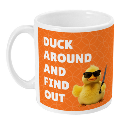 Mug with a duck graphic and text on an orange background