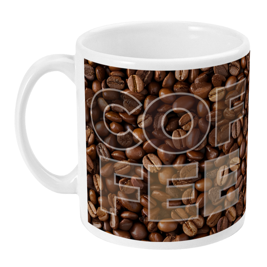 Mug with coffee bean pattern and 'COFFEE' text on a white background