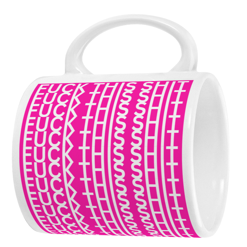 White mug with pink geometric pattern on a white background