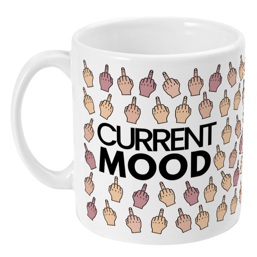 Mug with middle finger emoji pattern and 'CURRENT MOOD' text on a white background
