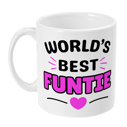 White mug with 'World's Best Funtie' text on a white background