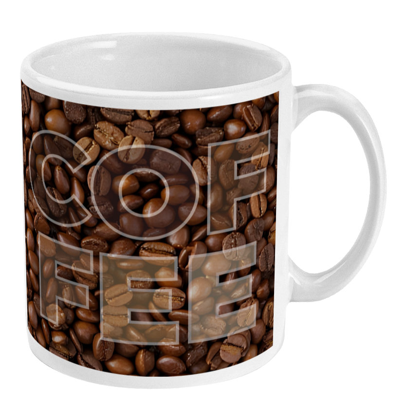 Mug with coffee beans and 'COFFEE' text on a white background