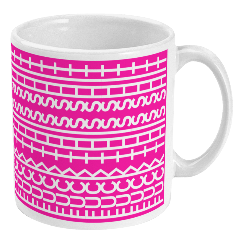 White mug with pink geometric pattern on a white background