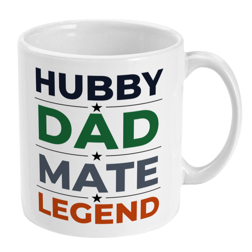 White mug with text 'HUBBY DAD MATE LEGEND' on a white background