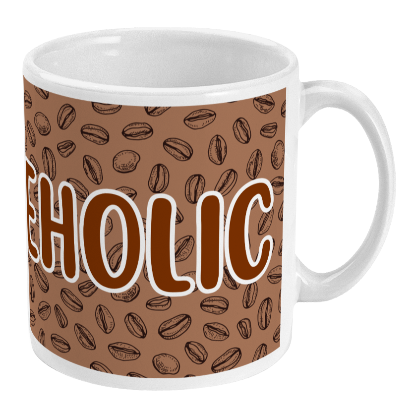 Mug with coffee bean pattern and 'COFFEEHOLIC' text on a white background