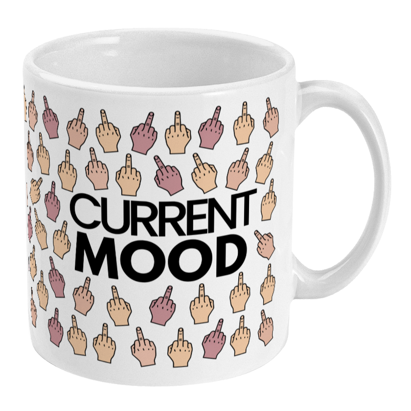 Mug with middle finger emoji pattern and 'CURRENT MOOD' text on a white background