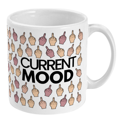 Mug with middle finger emoji pattern and 'CURRENT MOOD' text on a white background