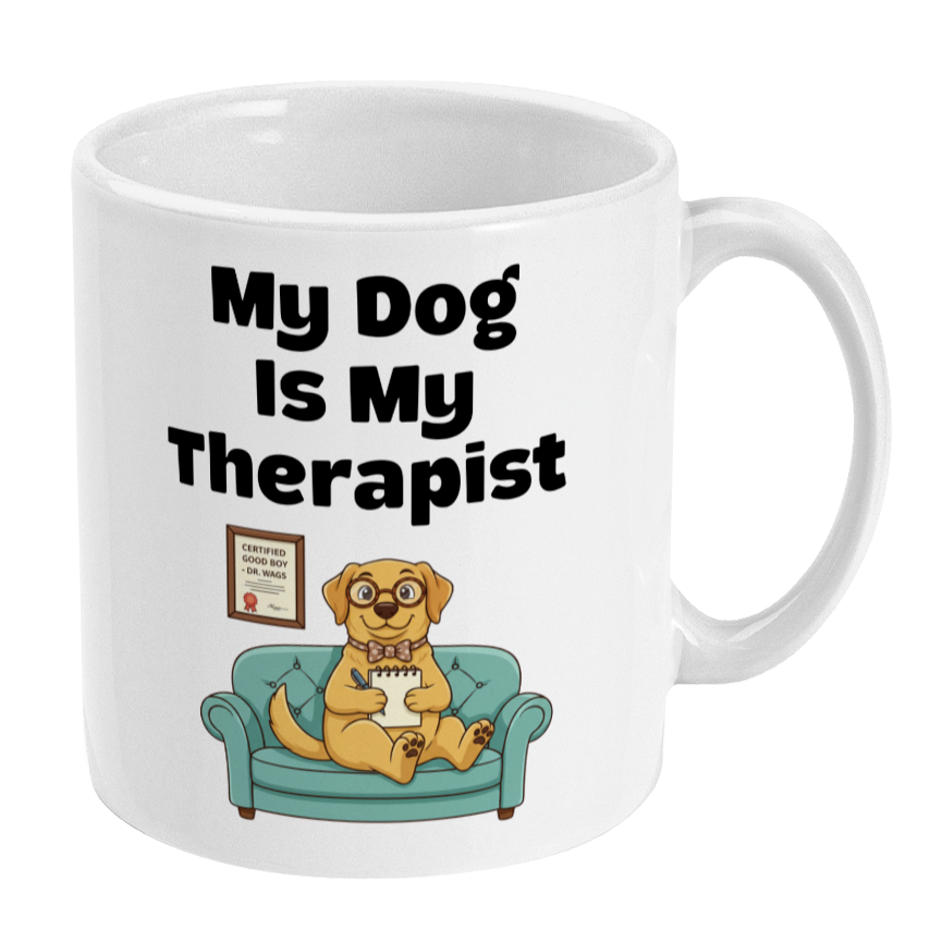 White mug with a dog illustration and text 'My Dog Is My Therapist' on a white background