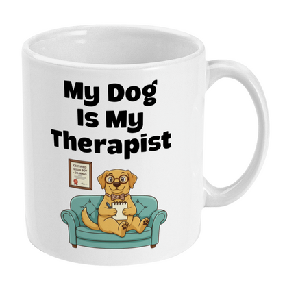 White mug with a dog illustration and text 'My Dog Is My Therapist' on a white background