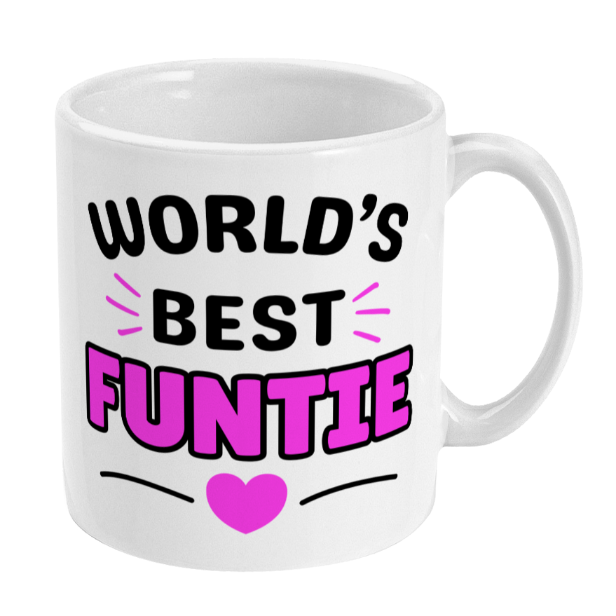 White mug with 'World's Best Funtie' text on a white background