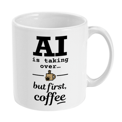 White mug with humorous text design on a white background