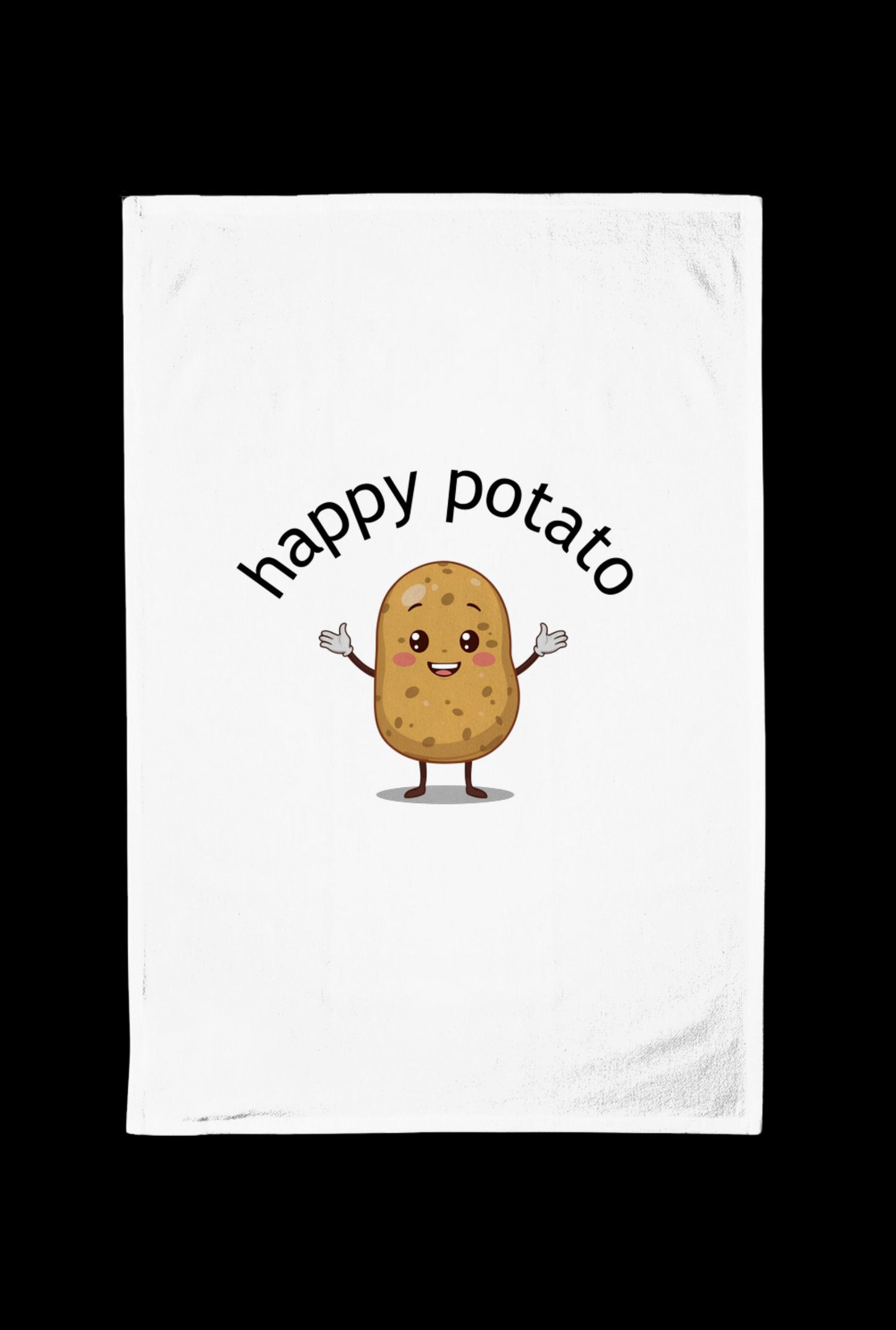 White towel with a cartoon potato and 'happy potato' text on a black background