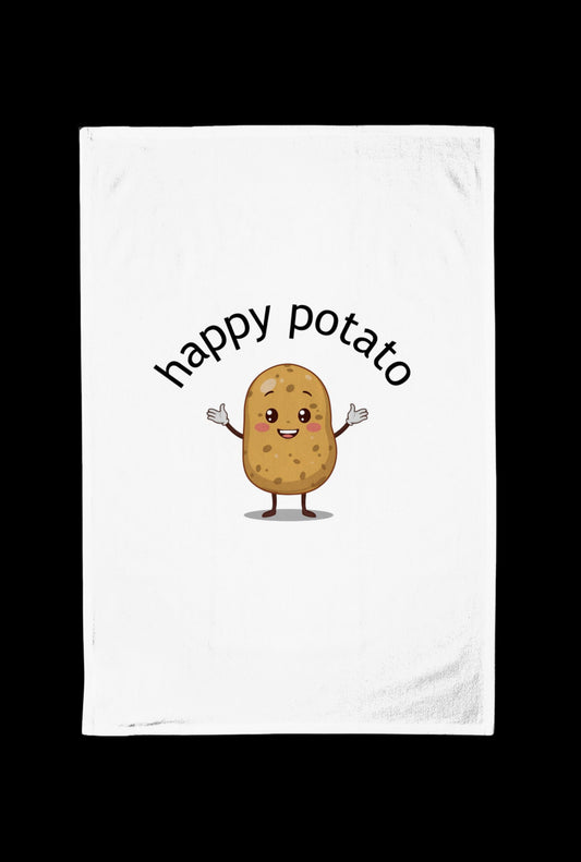 White towel with a cartoon potato and 'happy potato' text on a black background