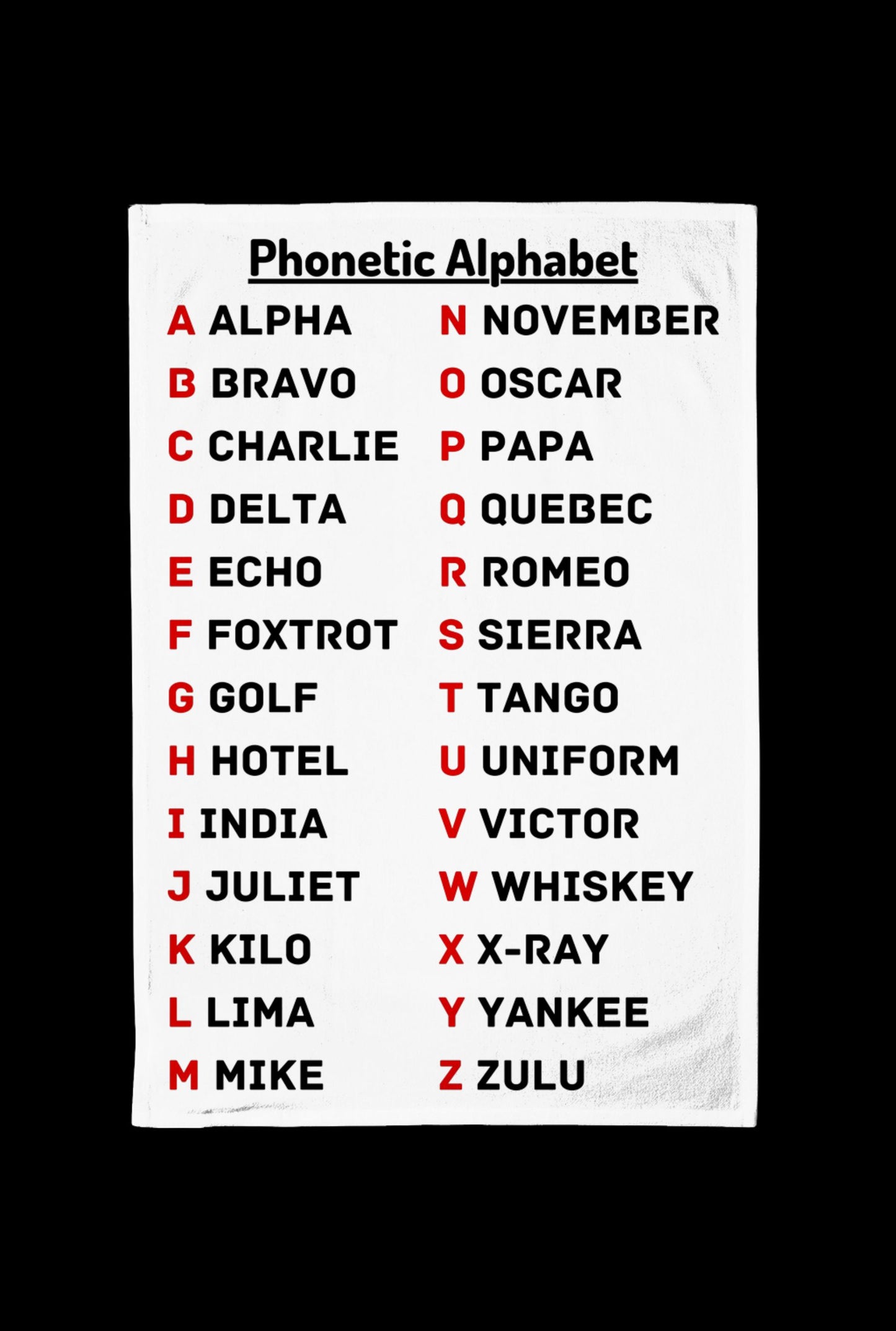 Phonetic Alphabet Tea Towel 100% Cotton Half Panama
