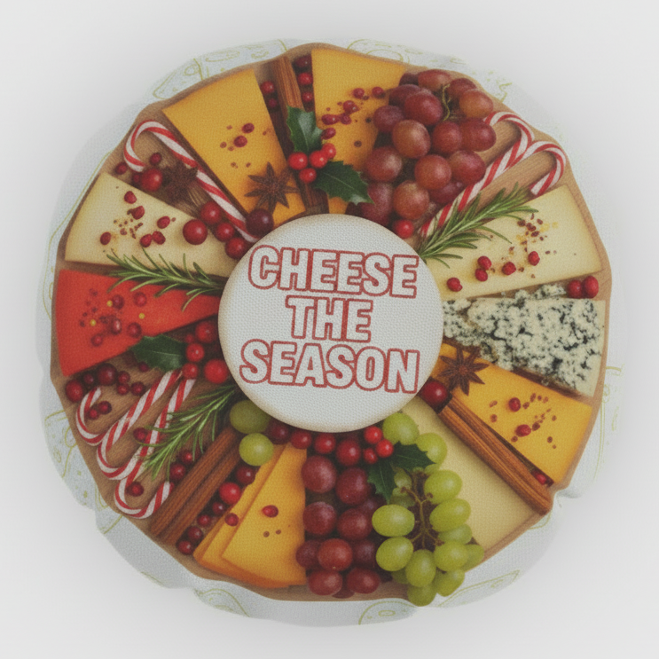 A round cheese board or cheese wheel with multiple cheese wedges arranged in a circle, decorated with red cranberries, green and purple grapes, cinnamon sticks, rosemary, and candy canes, with a white center label reading 'CHEESE THE SEASON'.