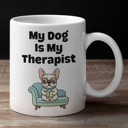 White mug with a dog illustration and text on a wooden surface