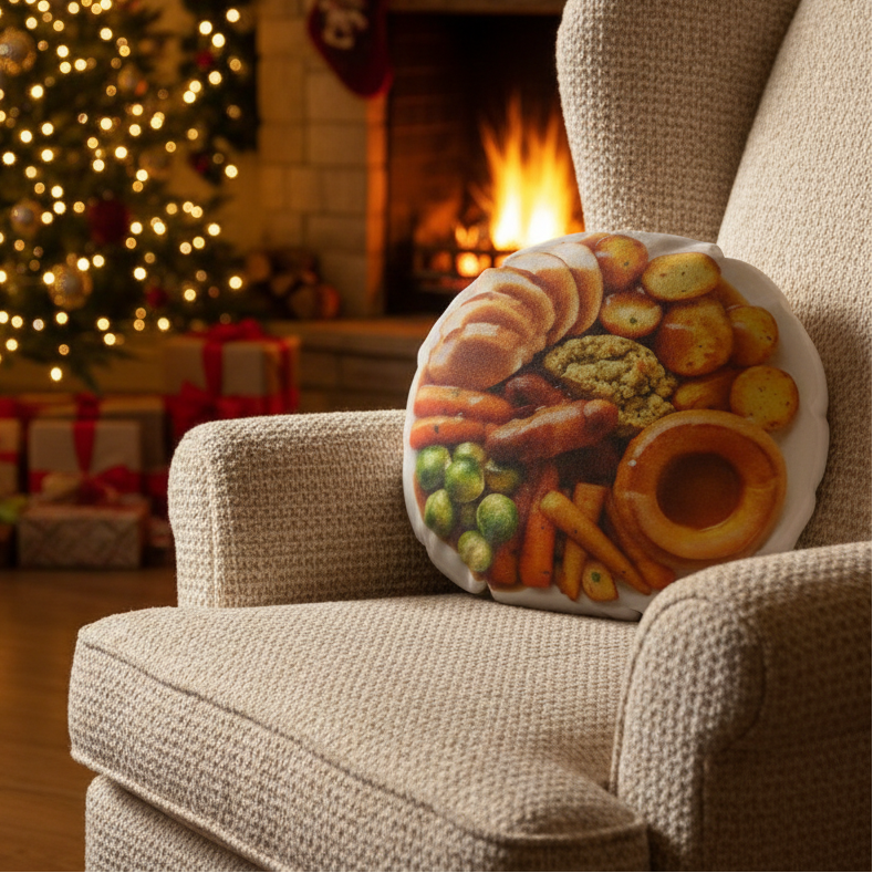 Funny Christmas Roast Dinner Cushion 18 Inch Round Christmas Novelty Gift