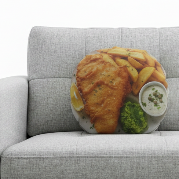 Fun Fish and Chips Cushion, 18 Inch Round Faux Suede Cushion, Novelty Food Lover Gift