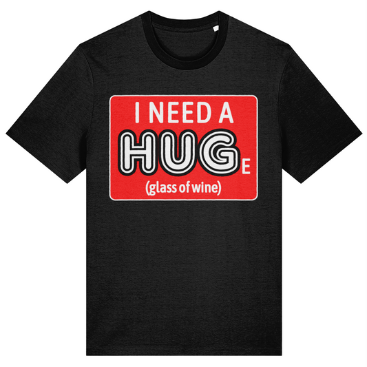 Black t-shirt with a red and white graphic and text on a white background
