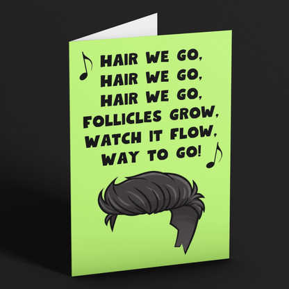 Greeting card with humorous text and a hairstyle illustration on a black background