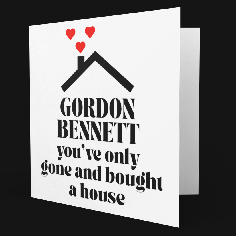 Greeting card with text and house icon on a black background