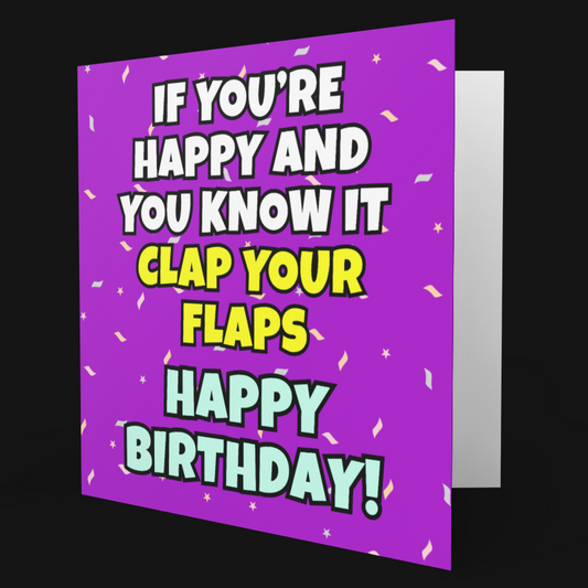 Purple birthday card with humorous text on a black background