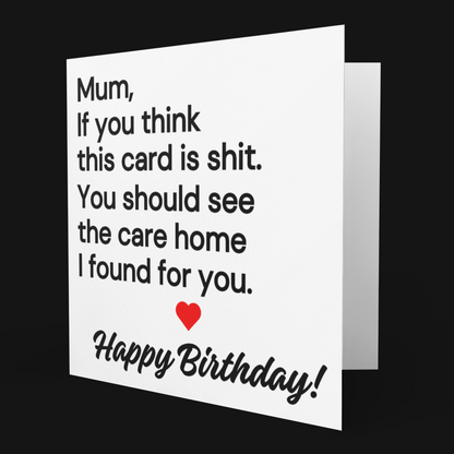 Birthday card with humorous text on a black background