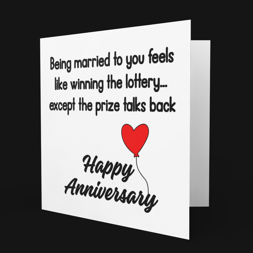 Anniversary card with a red heart and humorous text on a black background