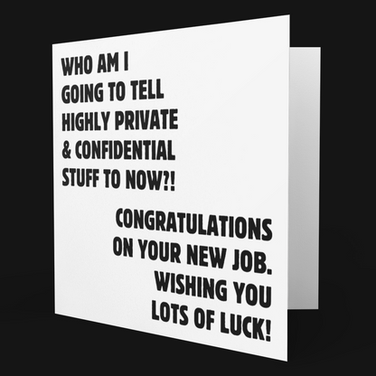 Greeting card with humorous job congratulations text on a black background