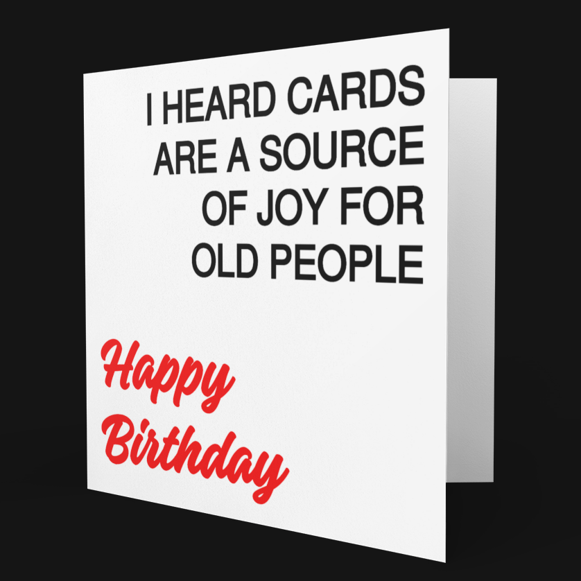 Birthday card with humorous text on a black background