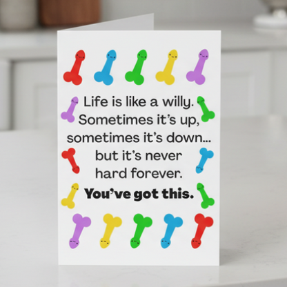Motivational card with colorful willy symbols and text on an orange background