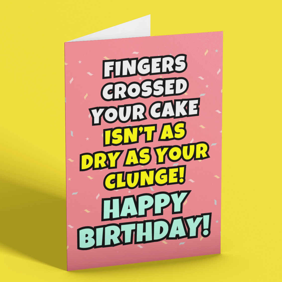 Birthday card with humorous text on a yellow background