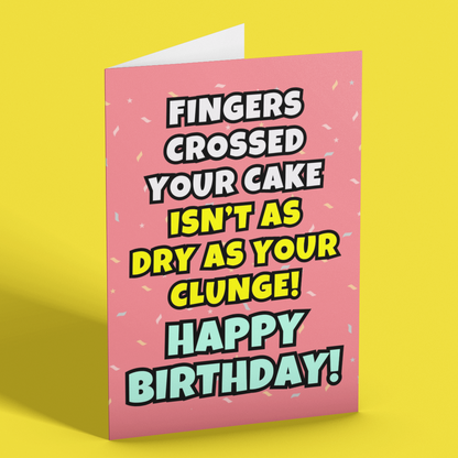 Birthday card with humorous text on a yellow background