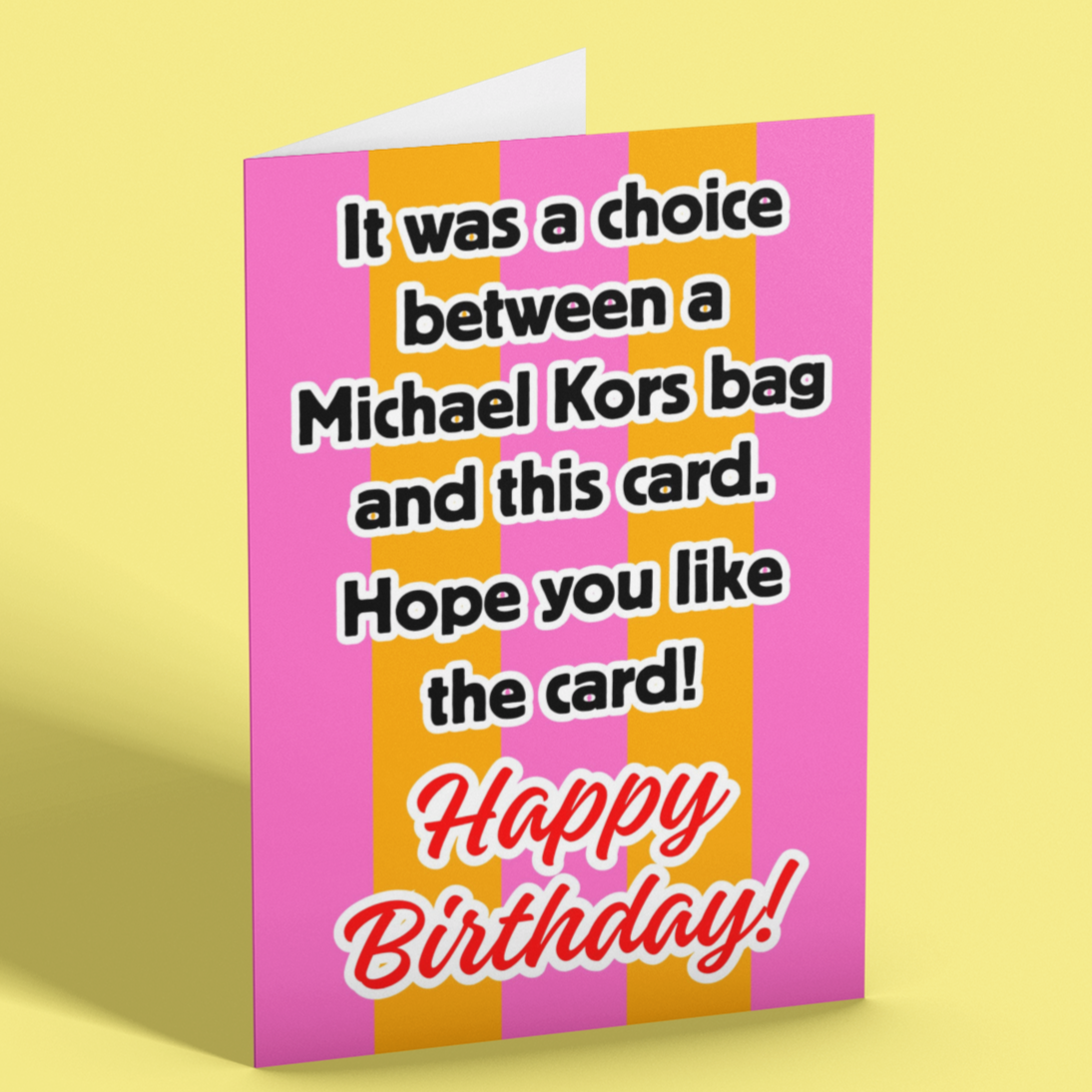 Birthday card with humorous text on a yellow background