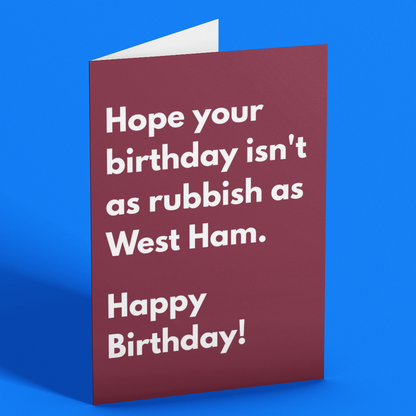 Birthday card with humorous text on a blue background