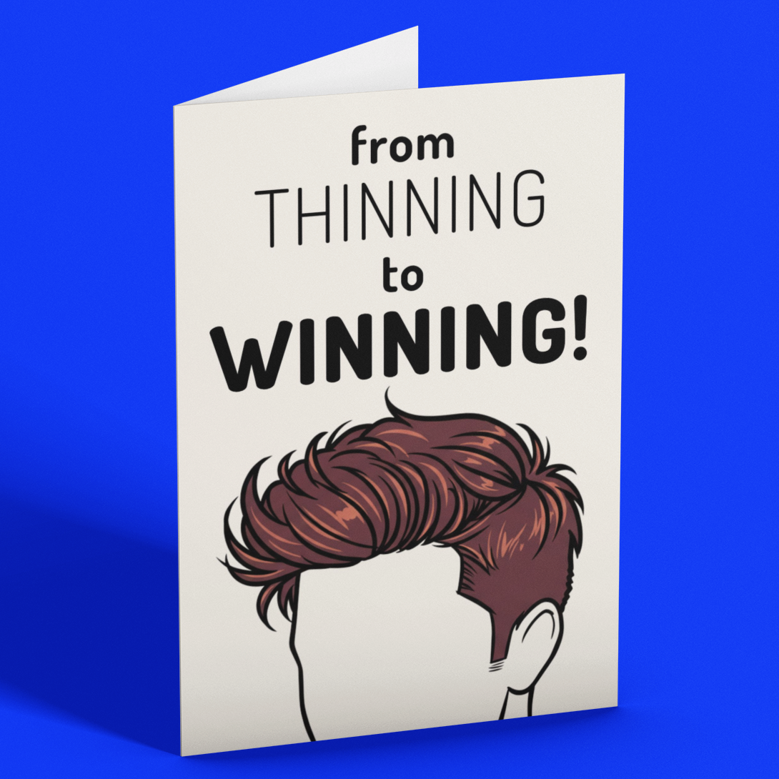 Card with text 'from THINNING to WINNING!' on a blue background