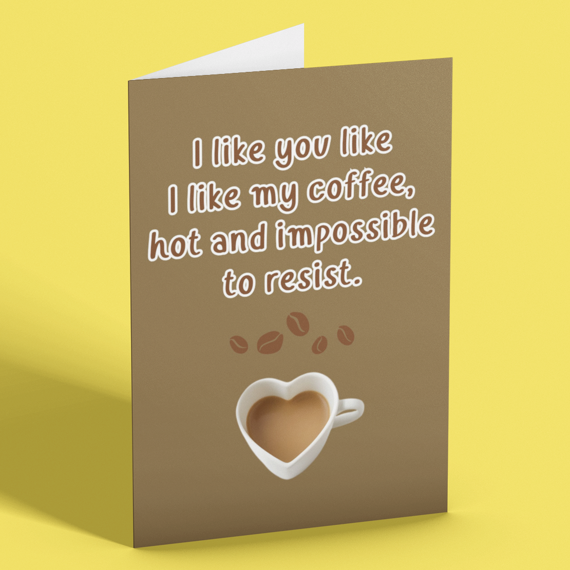 Greeting card with coffee-themed design and text on a yellow background