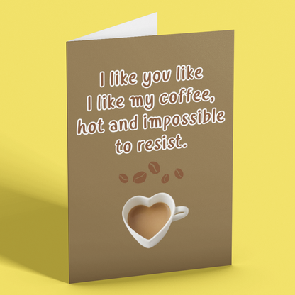 Greeting card with coffee-themed design and text on a yellow background