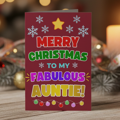 A festive Christmas greeting card with a dark red background, featuring colorful text that reads 'MERRY CHRISTMAS TO MY FABULOUS AUNTEE!' along with white snowflakes, a yellow star, and small holiday lights at the bottom. The card is shown standing upright on a light gray background with a soft shadow.