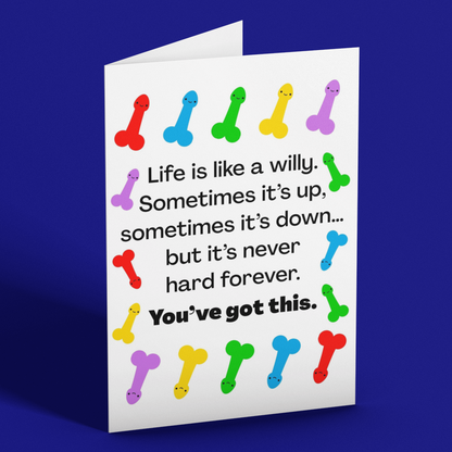 Motivational card with colorful willy symbols and text on a blue background