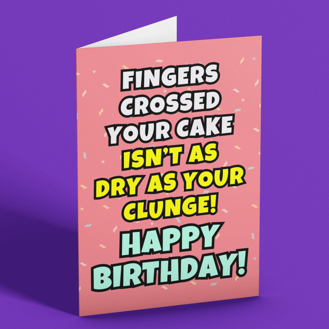 Birthday card with humorous text on a purple background
