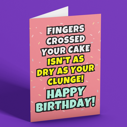 Birthday card with humorous text on a purple background