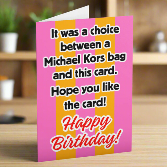 Birthday card with humorous text on a pink background