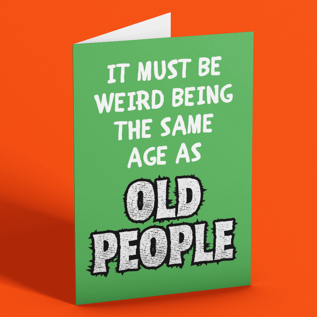 Green card with humorous text on an orange background