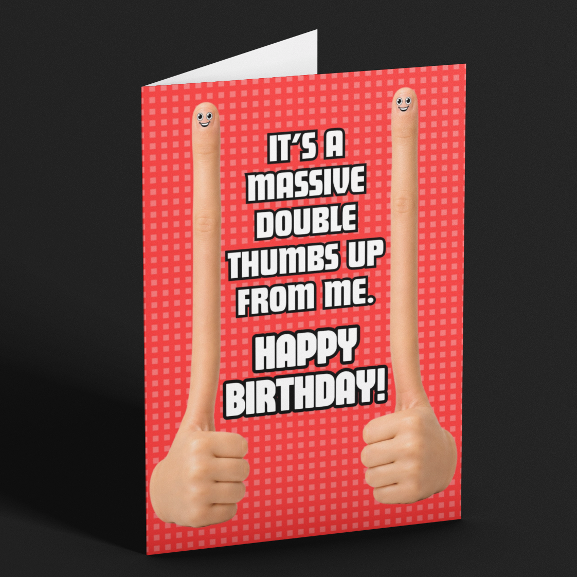 Birthday card with thumbs-up design and humorous text on a black background