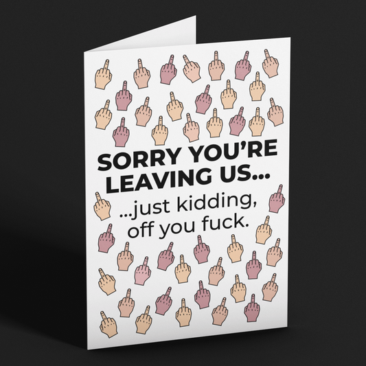 Card with middle finger emoji pattern and humorous text on a black background