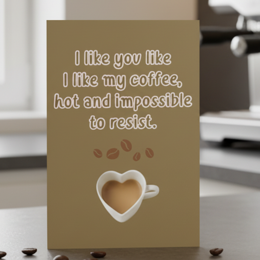 Greeting card with coffee-themed design and text on a dark background